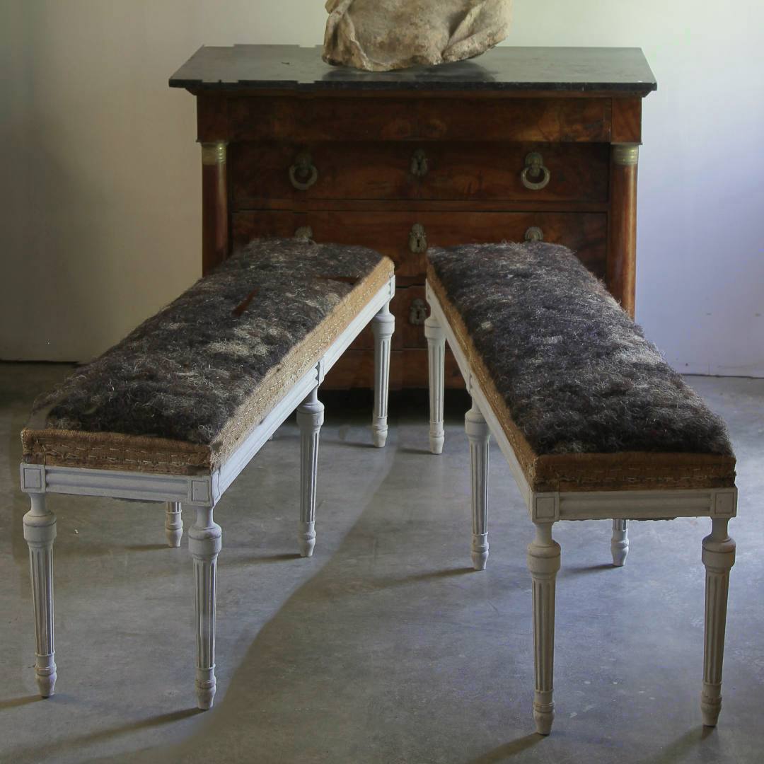 Two antique benches with decorative reeded leg for reupholstery