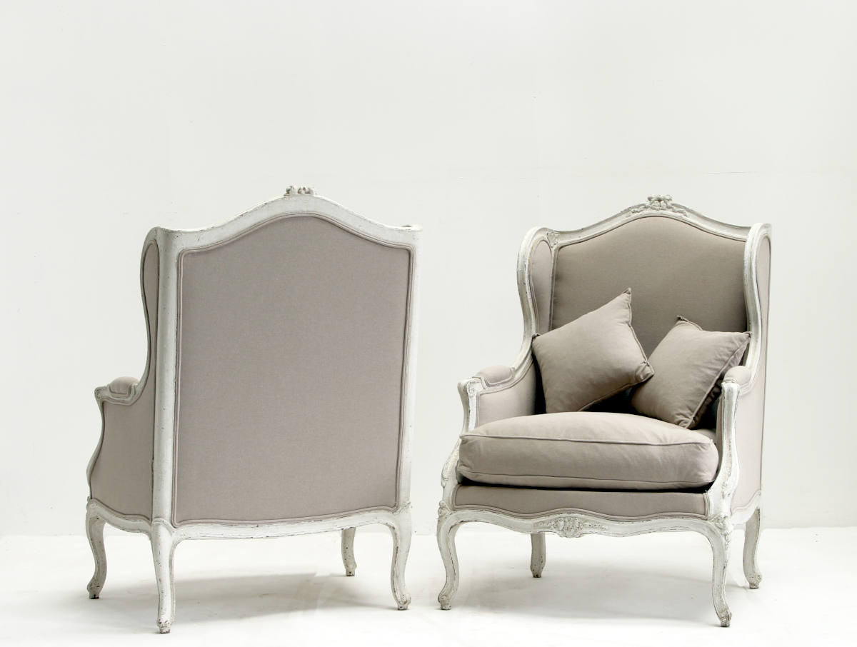 Pair of 19th Century French bergeres chairs with carved detail muted linen reupholstery - Image 6