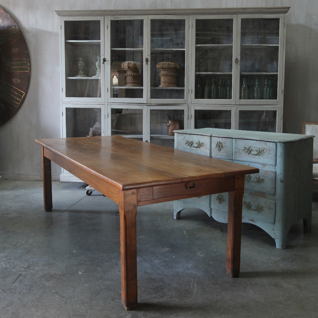 elm French farmhouse table with end drawer and chamfered leg