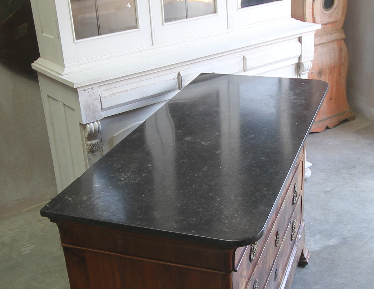 A close up view of the veined marble top