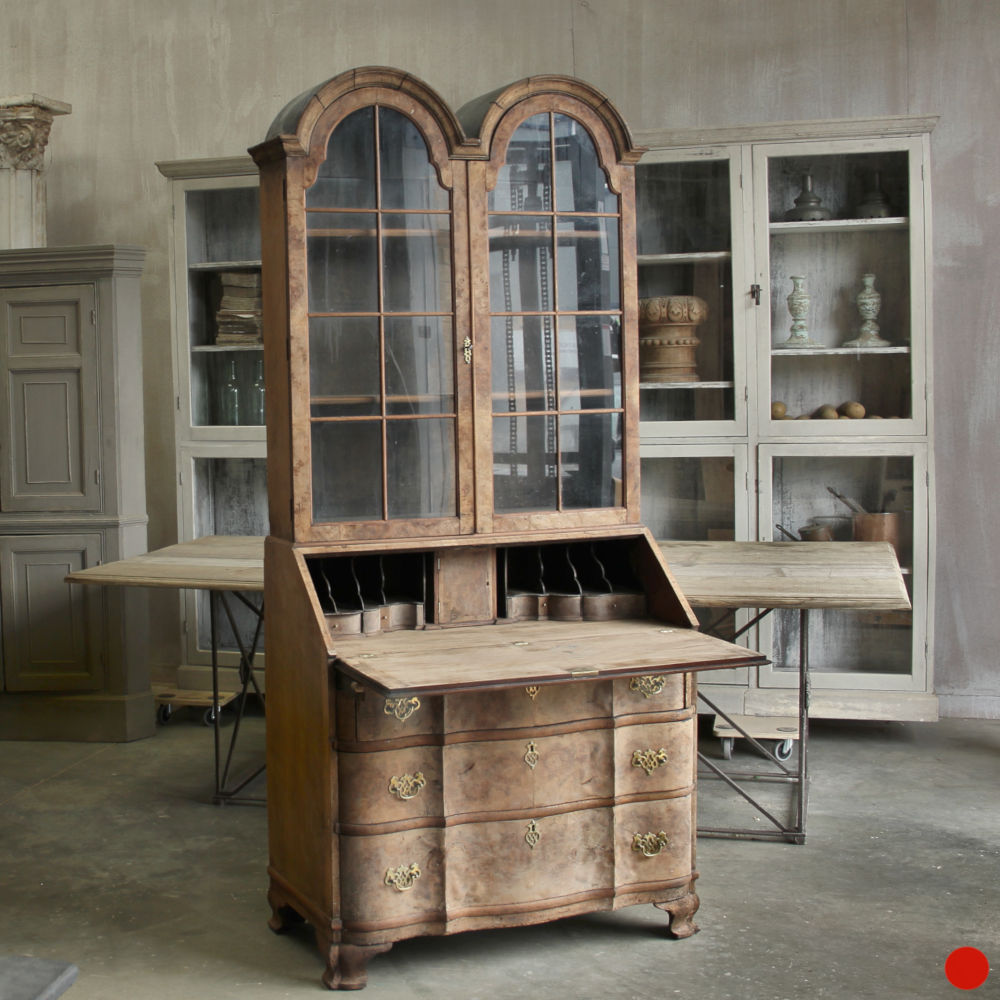 An alternate view of the Gustavian vitrine with the desk section open and interior drawers